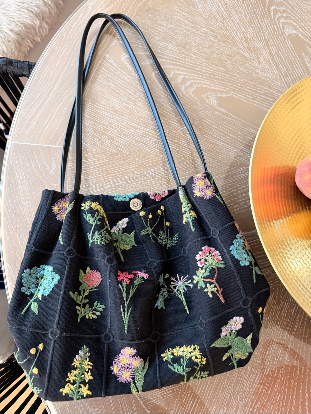 Black Floral Embroidered Shoulder Bag